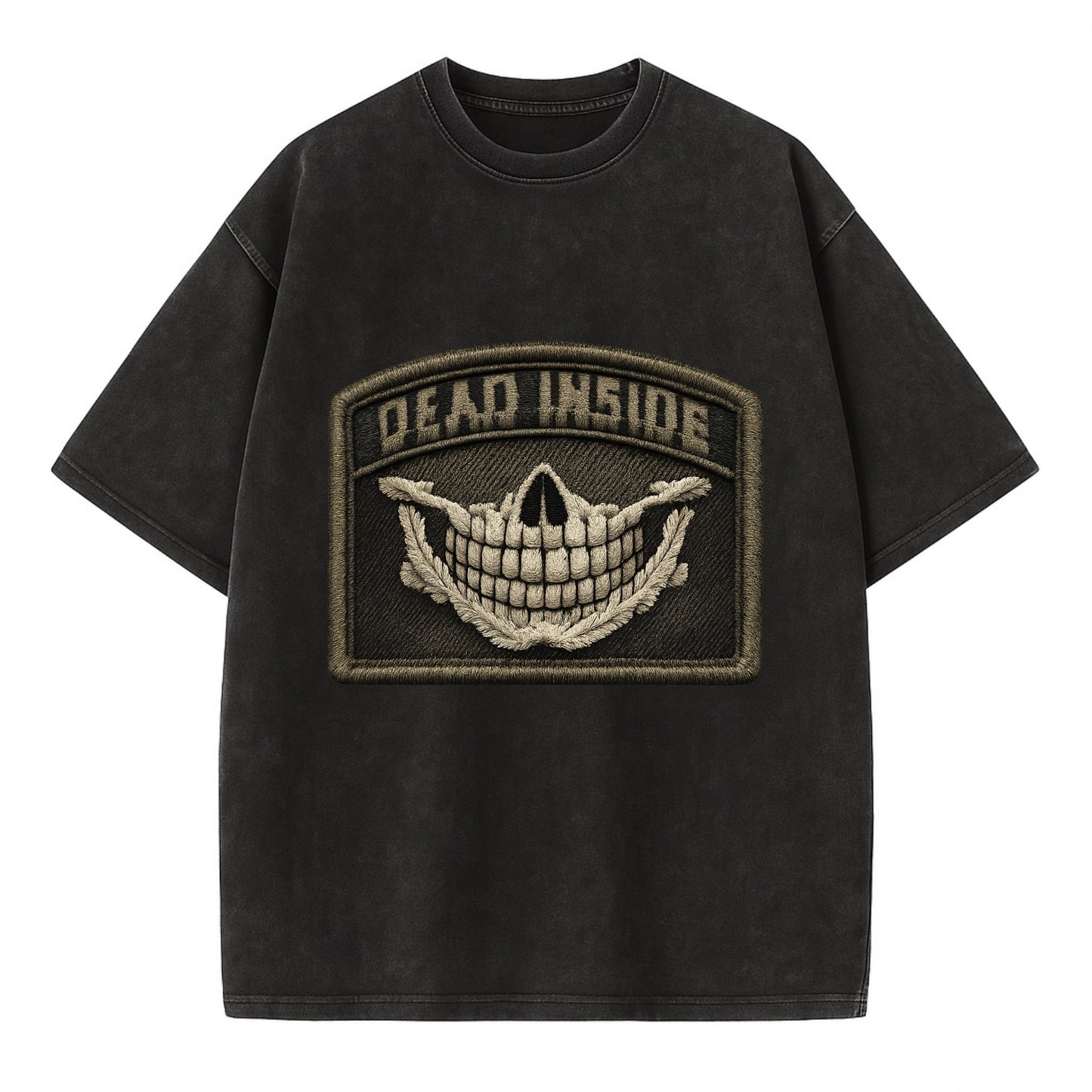 DEAD INSIDE SMILE - skeleton smile in white , dark humor - Vintage T-shirt - Black