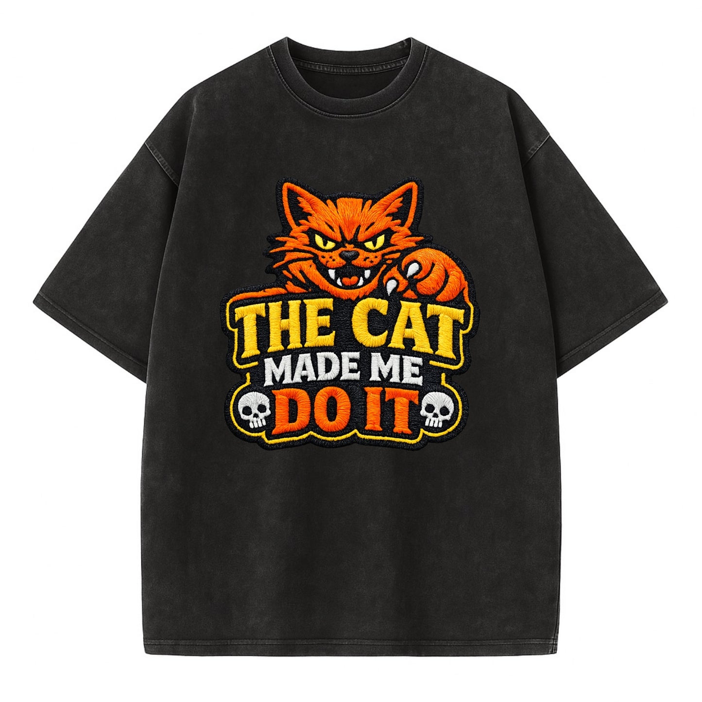 THE CAT MADE ME DO IT - mischievous cat in orange , blame the cat - Vintage T-shirt - Black