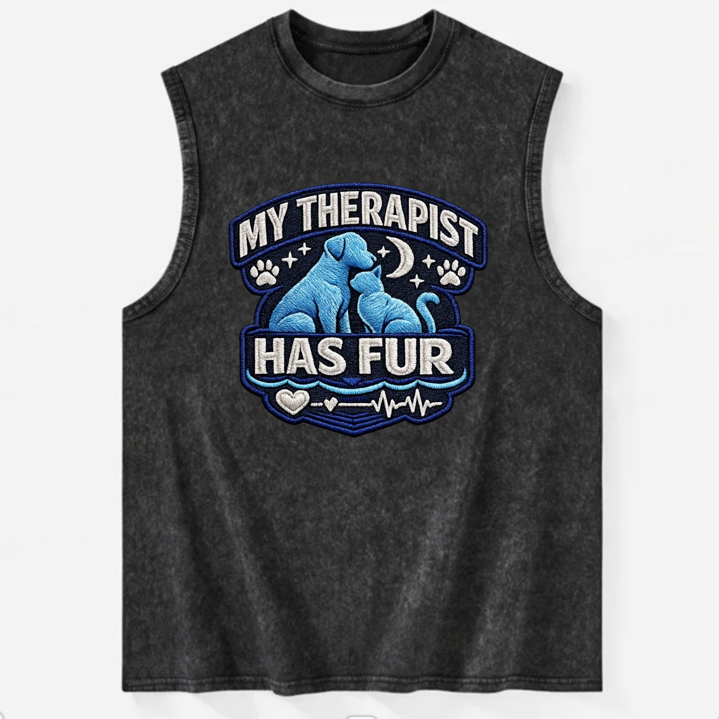 MY THERAPIST HAS FUR - pet silhouette in calming blue , emotional support - Vintage Washed Tank - Black