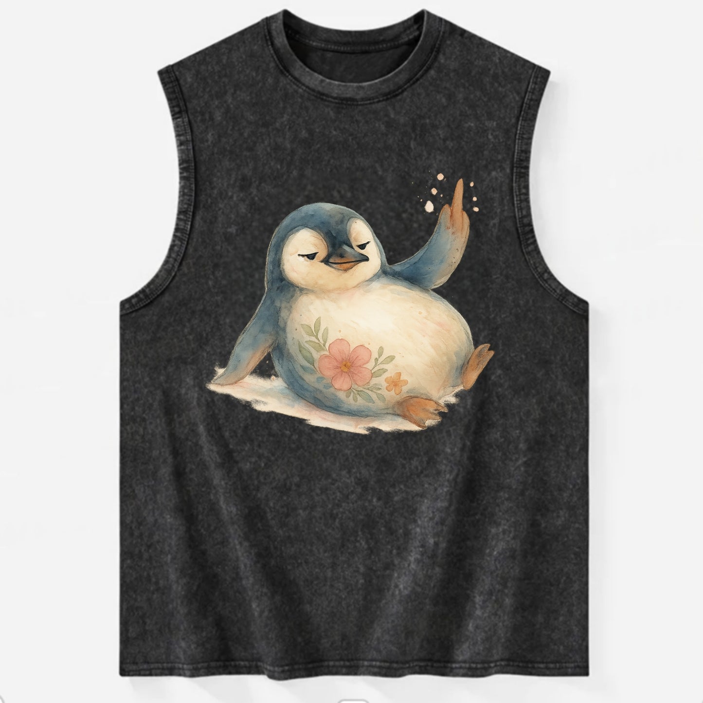chubby penguin sliding on belly, one flipper up giving attitude - Vintage Washed Tank - Black
