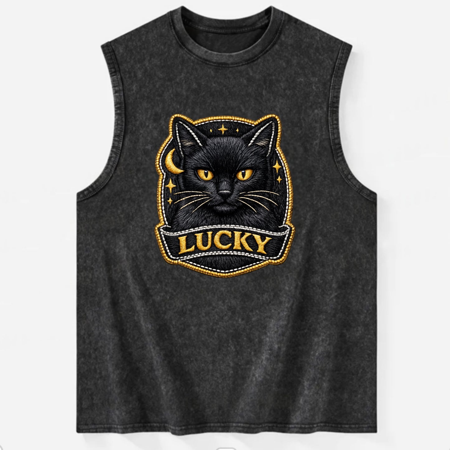 BLACK CAT LUCKY - sleek black cat with gold eyes in black , mysterious feline - Vintage Washed Tank - Black