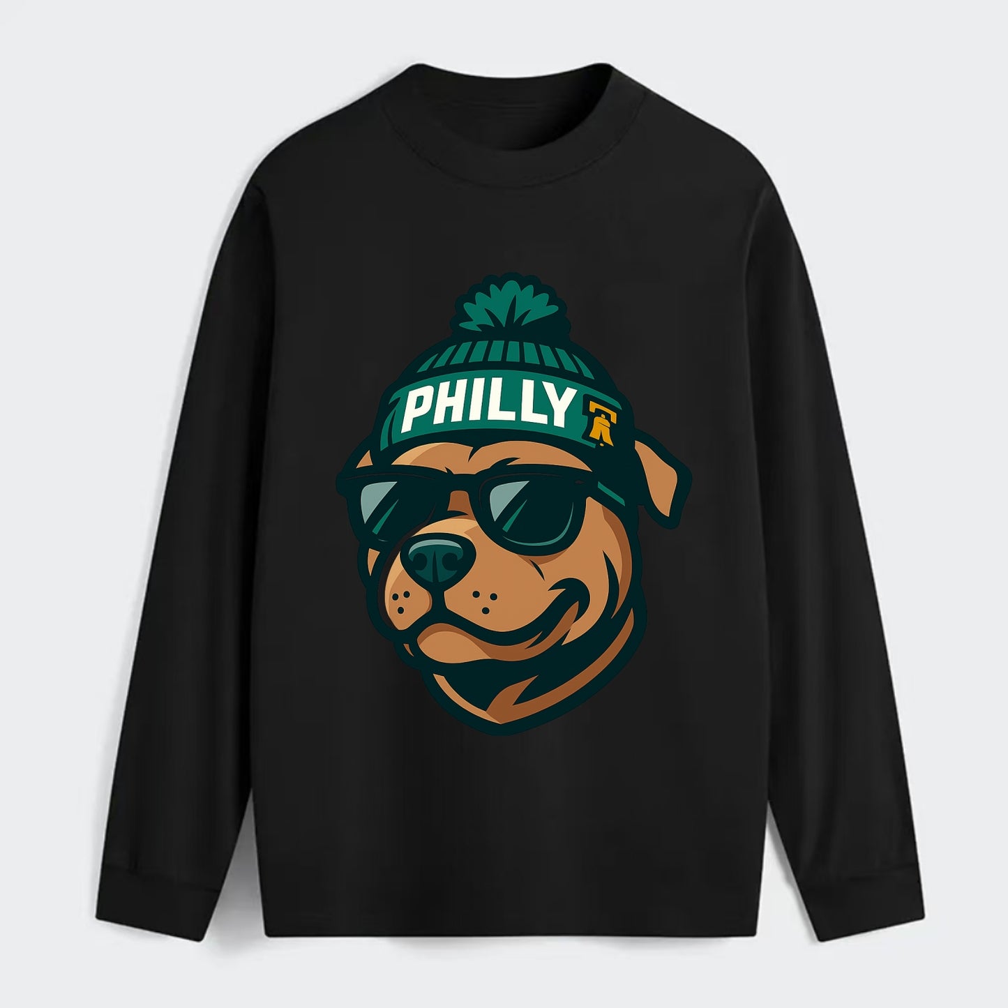 Philly Pitbull wearing Eagles beanie with Liberty Bell patch and - Classic Long Sleeve Shirt - Black