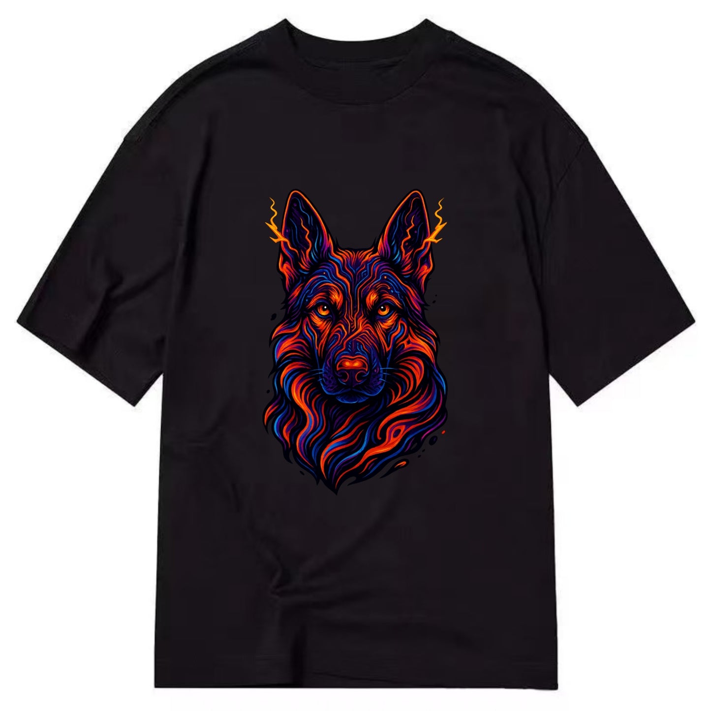 Alert German Shepherd with cyber circuit patterns in the fur, neon orange and - Classic T-shirt - Black