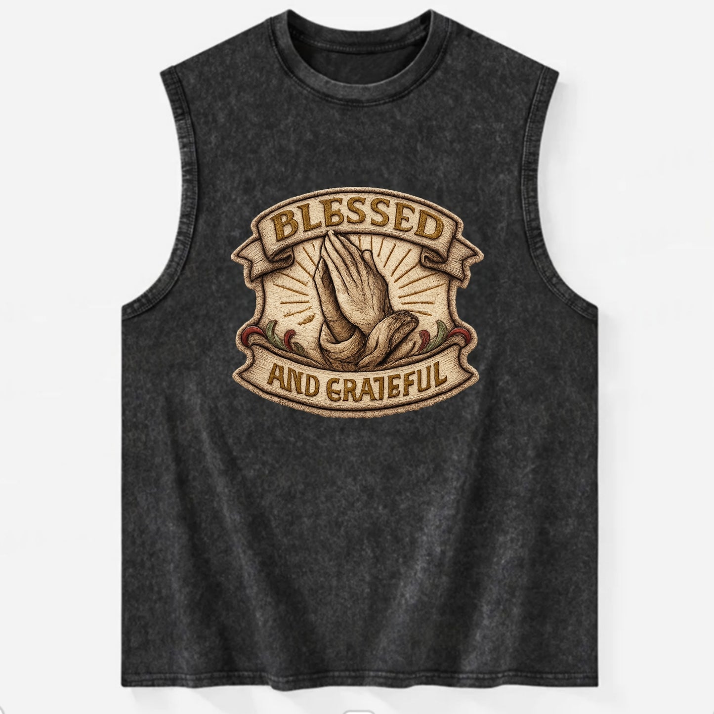 BLESSED AND GRATEFUL - praying hands with text in gold , thankful - Vintage Washed Tank - Black