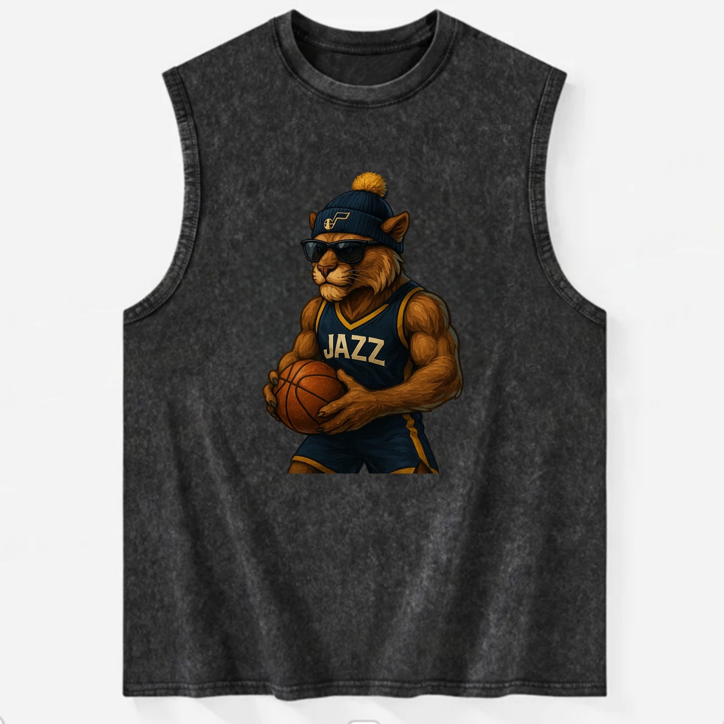 Utah Mountain Lion wearing Jazz navy and yellow beanie with music note and - Vintage Washed Tank - Black