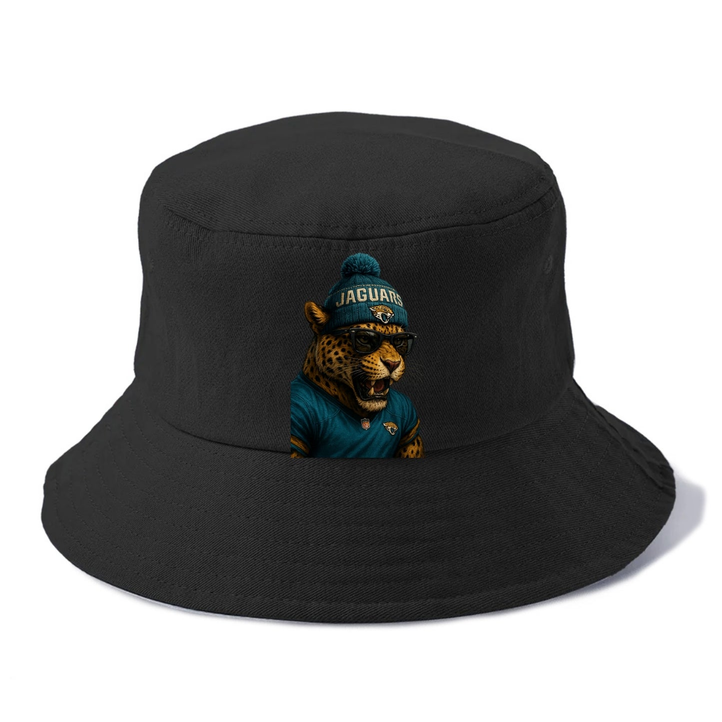 Jacksonville Jaguar wearing Jaguars teal and gold beanie with pom pom and wayfarer - Bucket Hat - Black