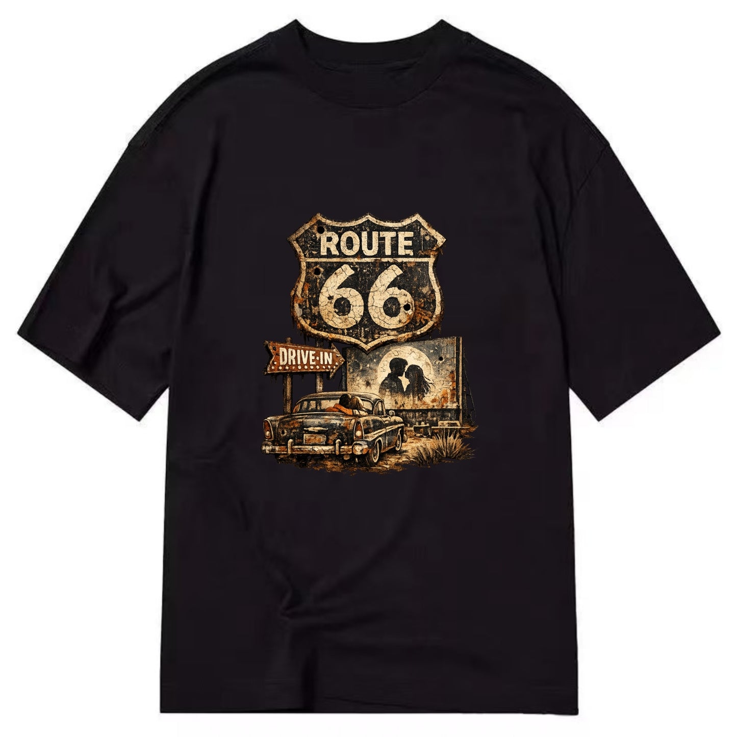 DRIVE-IN | Classic car at drive-in theater | Movie night romance | Americana - Classic T-shirt - Black
