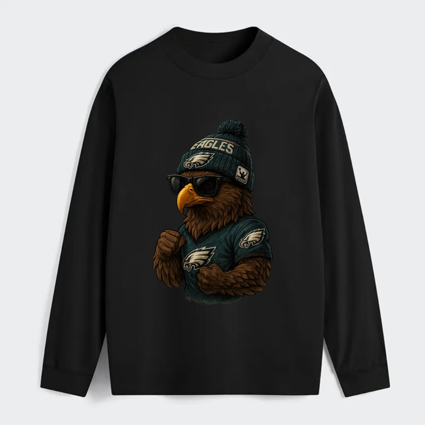 Philly Hawk wearing Eagles beanie with Rocky patch and wayfarer - Classic Long Sleeve Shirt - Black