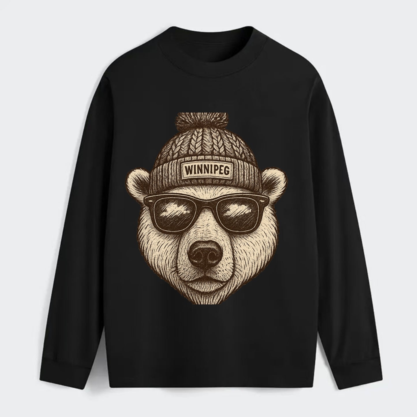 Winnipeg Polar Bear wearing Winnipeg beanie with pom pom and wayfarer - Classic Long Sleeve Shirt - Black