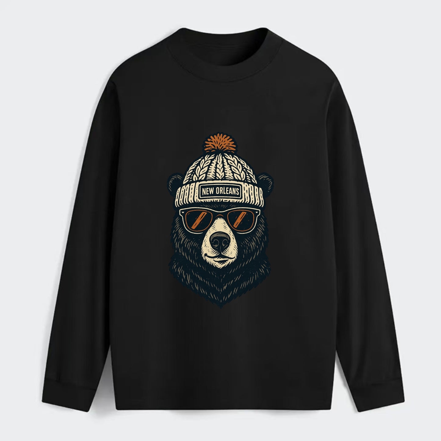 Louisiana Black Bear wearing New Orleans beanie with pom pom and - Classic Long Sleeve Shirt - Black