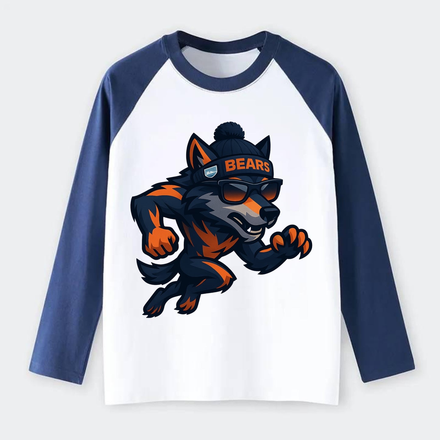 Chicago Wolf wearing Bears beanie with Lake Michigan patch and - Raglan Long Sleeve T-Shirt - Blue