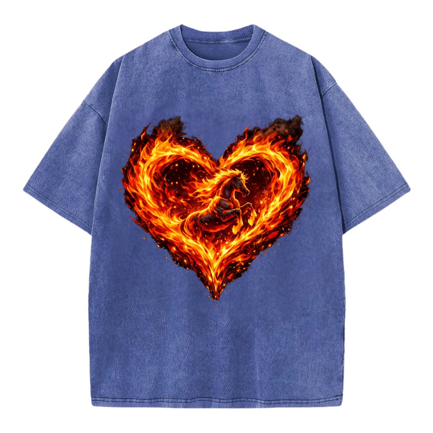 HEART OF FIRE | Flaming heart with horse silhouette inside | Passion embodied | - Vintage T-shirt - Blue