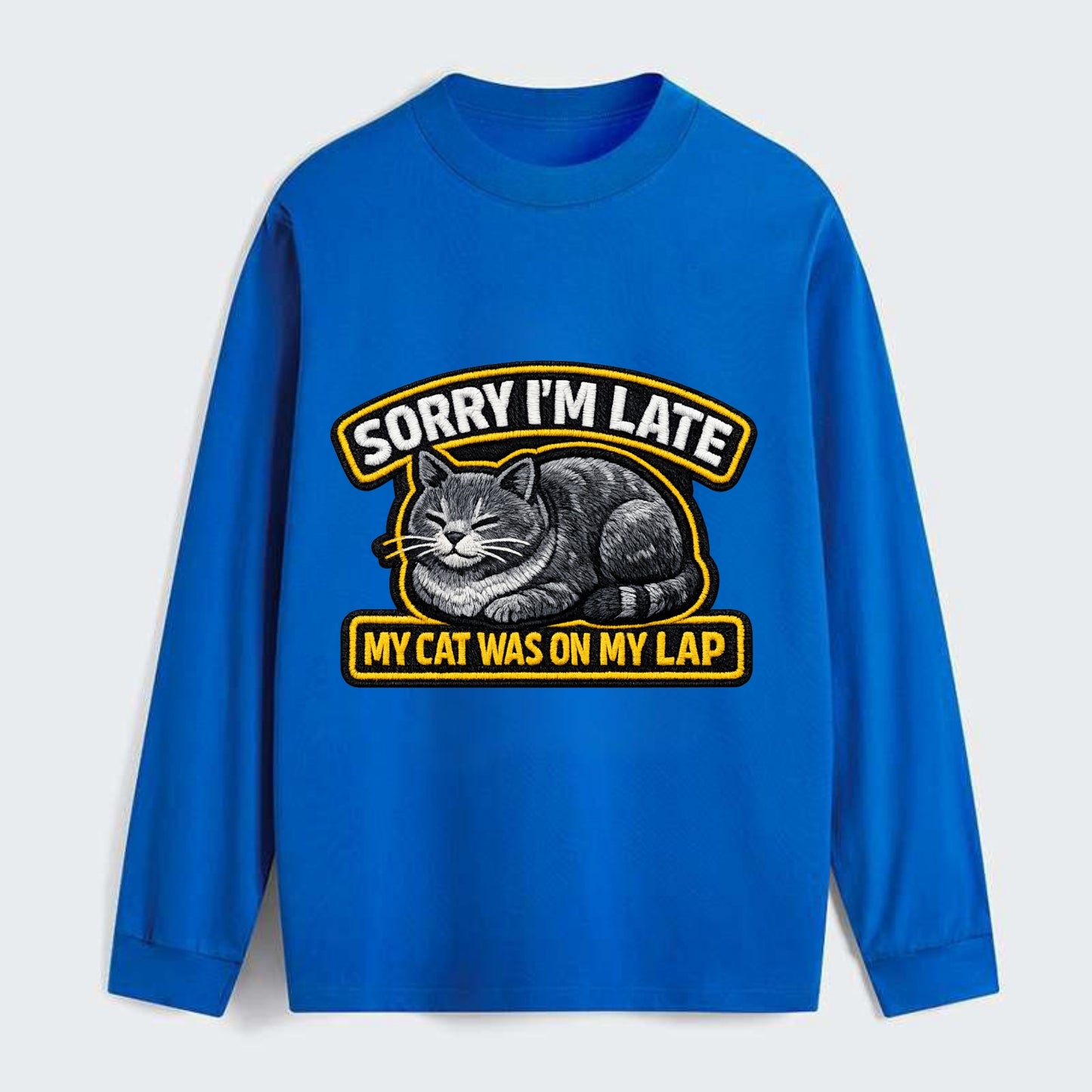 SORRY IM LATE MY CAT WAS ON MY LAP - cat loaf in gray , valid excuse - Classic Long Sleeve Shirt - Blue