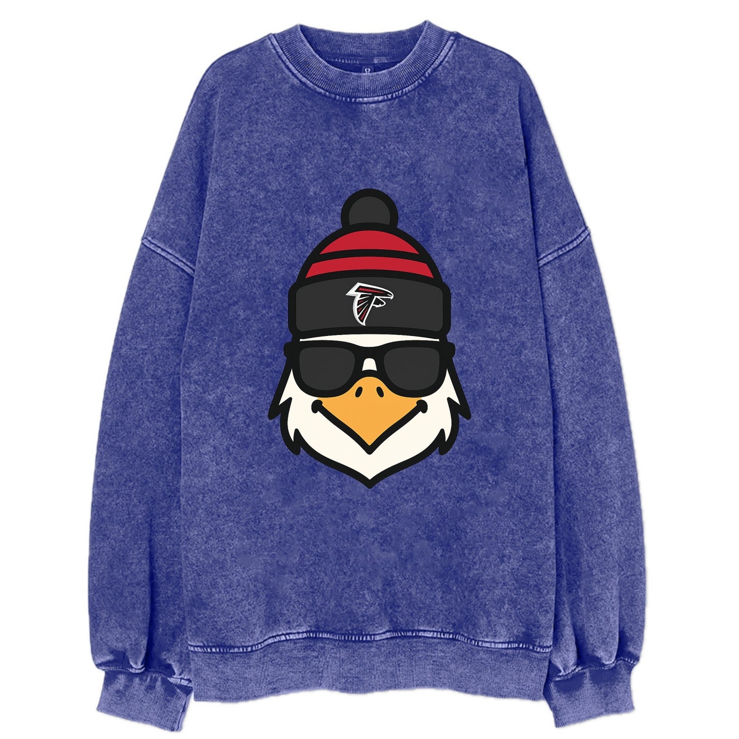 Atlanta Falcon wearing Falcons red and black beanie with pom pom and wayfarer - Vintage Sweatshirt - Blue
