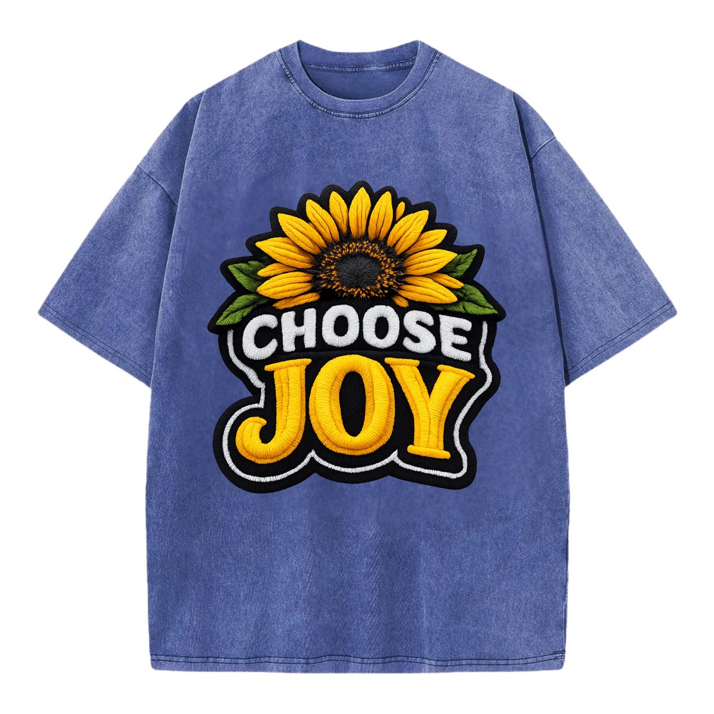 CHOOSE JOY - sunflower with text in yellow , happiness choice - Vintage T-shirt - Blue