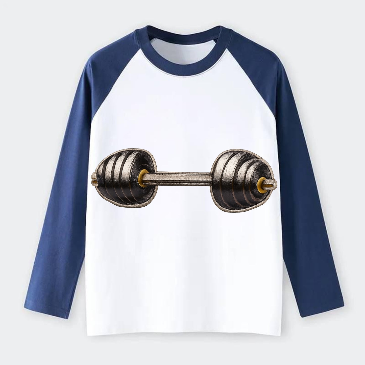 WEIGHTLIFTING BARBELL - heavy barbell with plates in silver and black - Raglan Long Sleeve T-Shirt - Blue