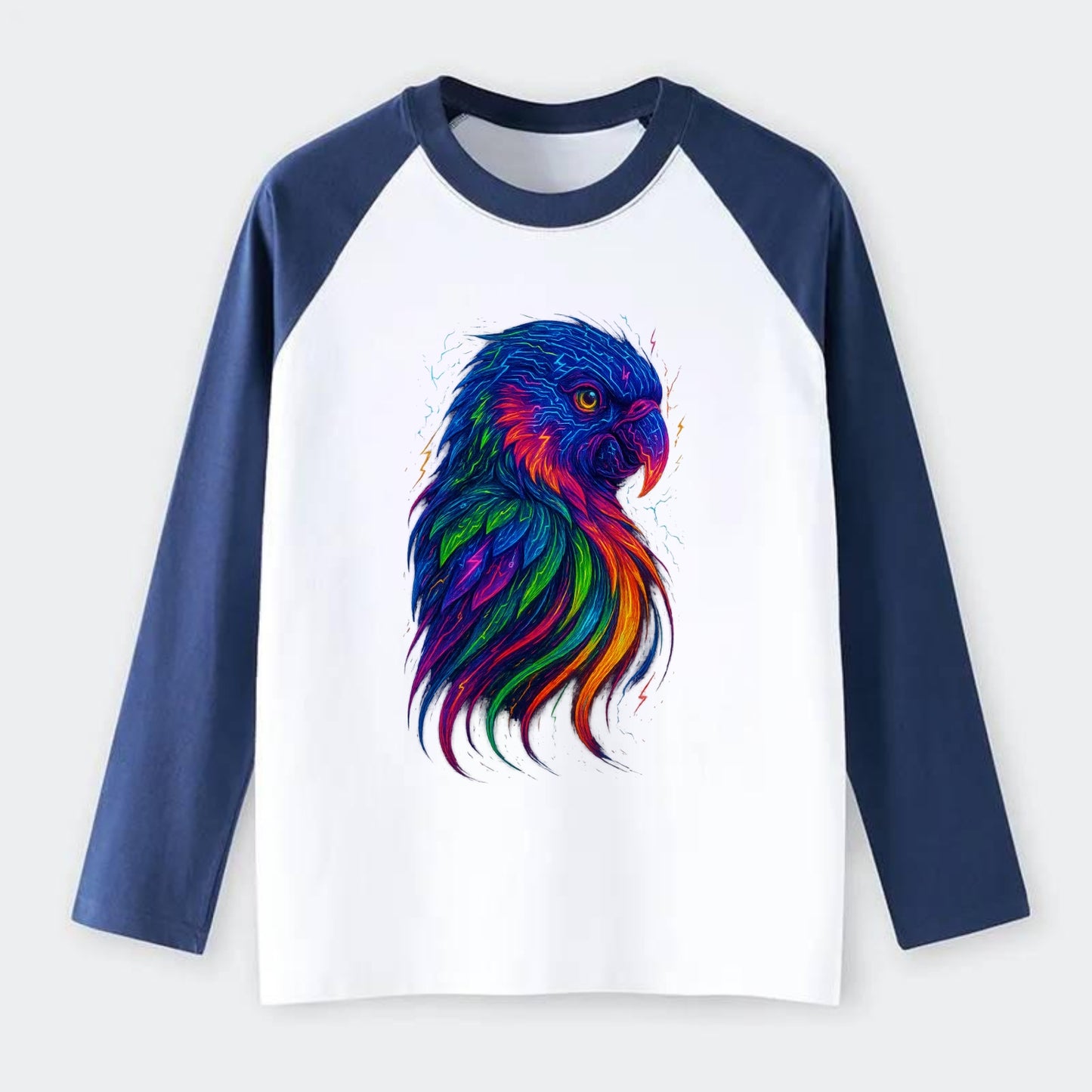 Vibrant parrot with feathers flowing into tropical rainbow streams, - Raglan Long Sleeve T-Shirt - Blue