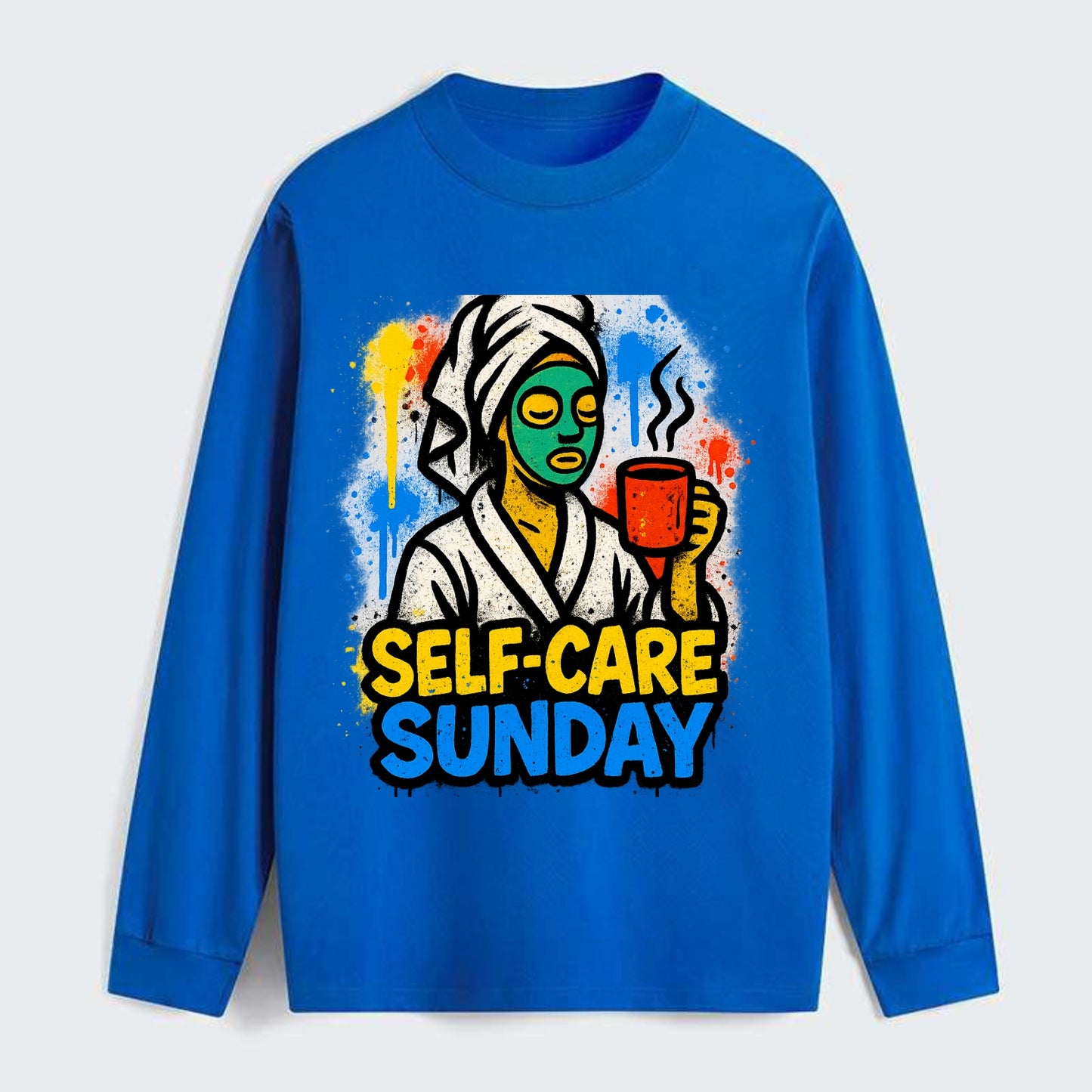 Person in bathrobe with face mask and tea - self-care Sunday ritual, - Classic Long Sleeve Shirt - Blue