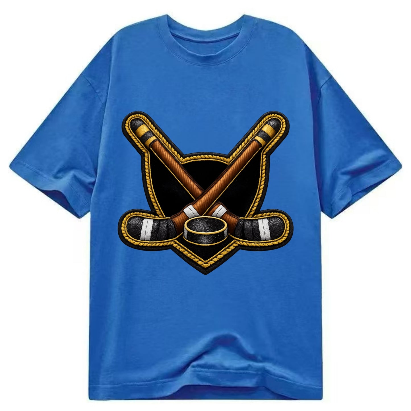 Embroidered patch design - HOCKEY CROSSED STICKS - ice hockey sticks with puck in - Classic T-shirt - Blue