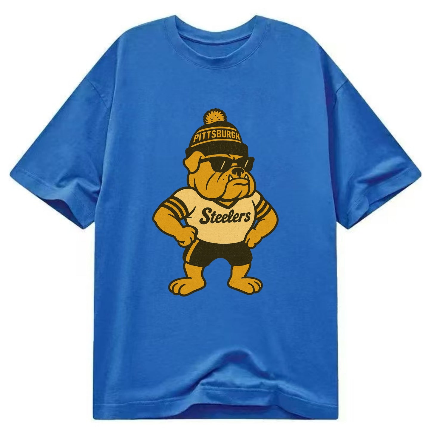 Pittsburgh Bulldog wearing Steelers black and gold beanie with pom pom and - Classic T-shirt - Blue