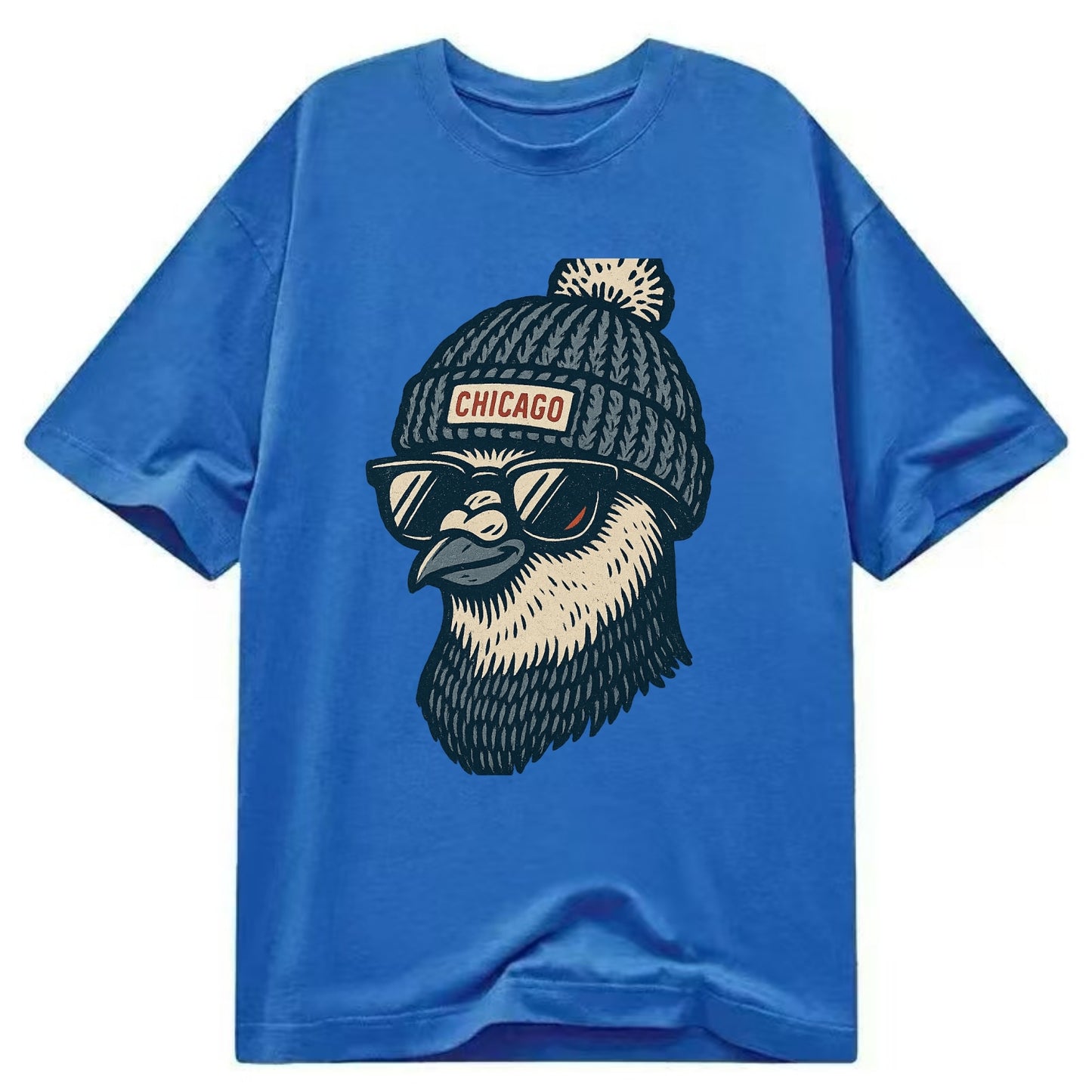 Chicago Pigeon wearing Chicago beanie with pom pom and wayfarer sunglasses - Classic T-shirt - Blue