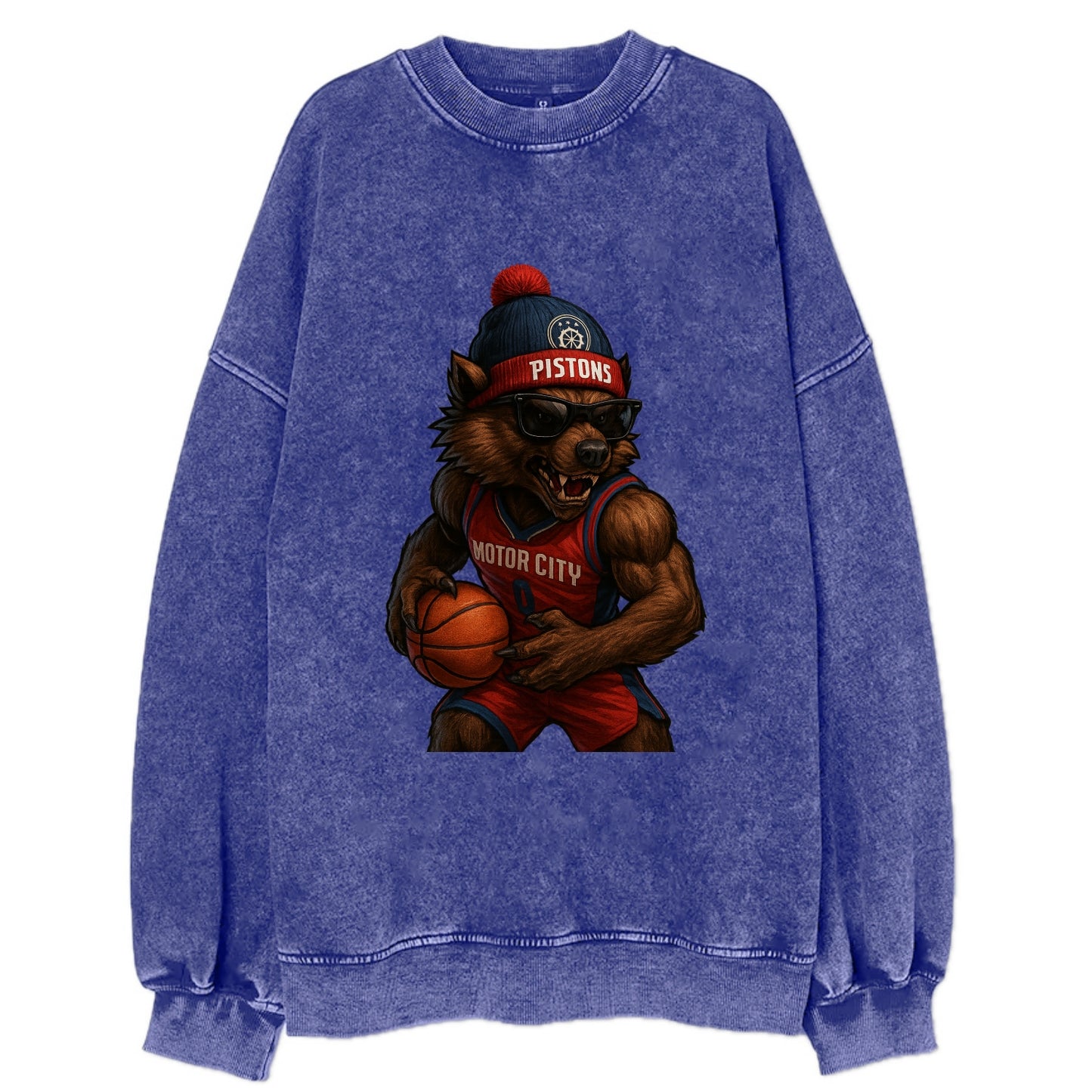 Motor City Wolverine wearing Pistons beanie with gear patch and wayfarer - Vintage Sweatshirt - Blue