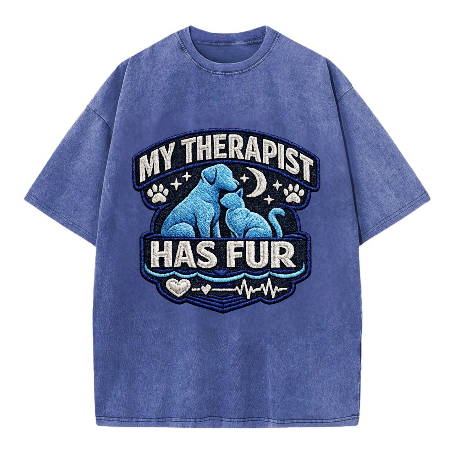 MY THERAPIST HAS FUR - pet silhouette in calming blue , emotional support - Vintage T-shirt - Blue