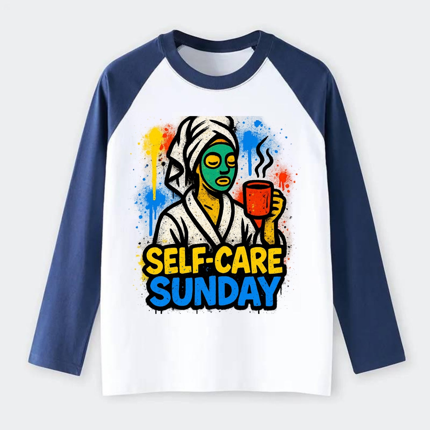 Person in bathrobe with face mask and tea - self-care Sunday ritual, - Raglan Long Sleeve T-Shirt - Blue