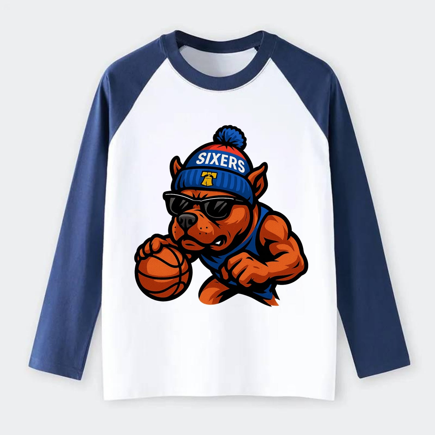 Philly Pitbull wearing Sixers beanie with Liberty Bell and wayfarer - Raglan Long Sleeve T-Shirt - Blue