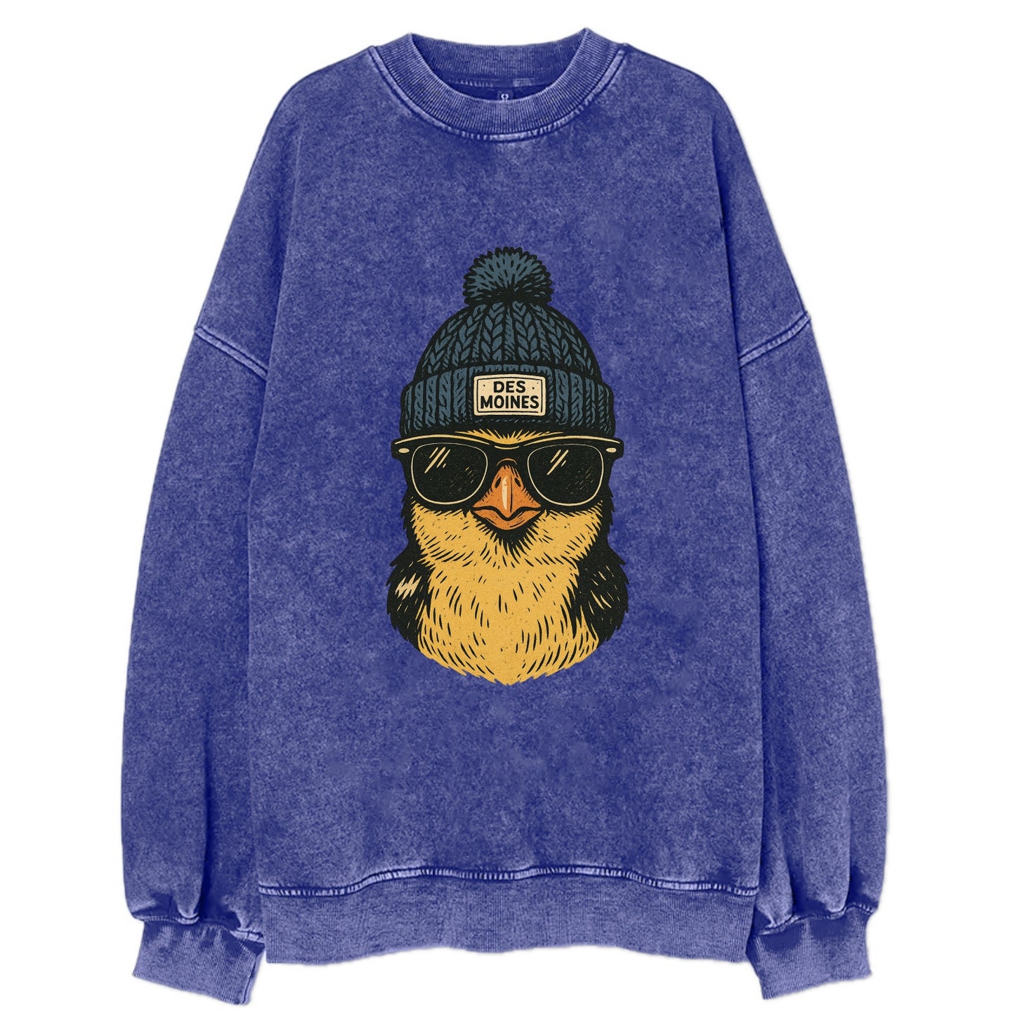 Iowa Goldfinch wearing Des Moines beanie with pom pom and wayfarer sunglasses - Vintage Sweatshirt - Blue