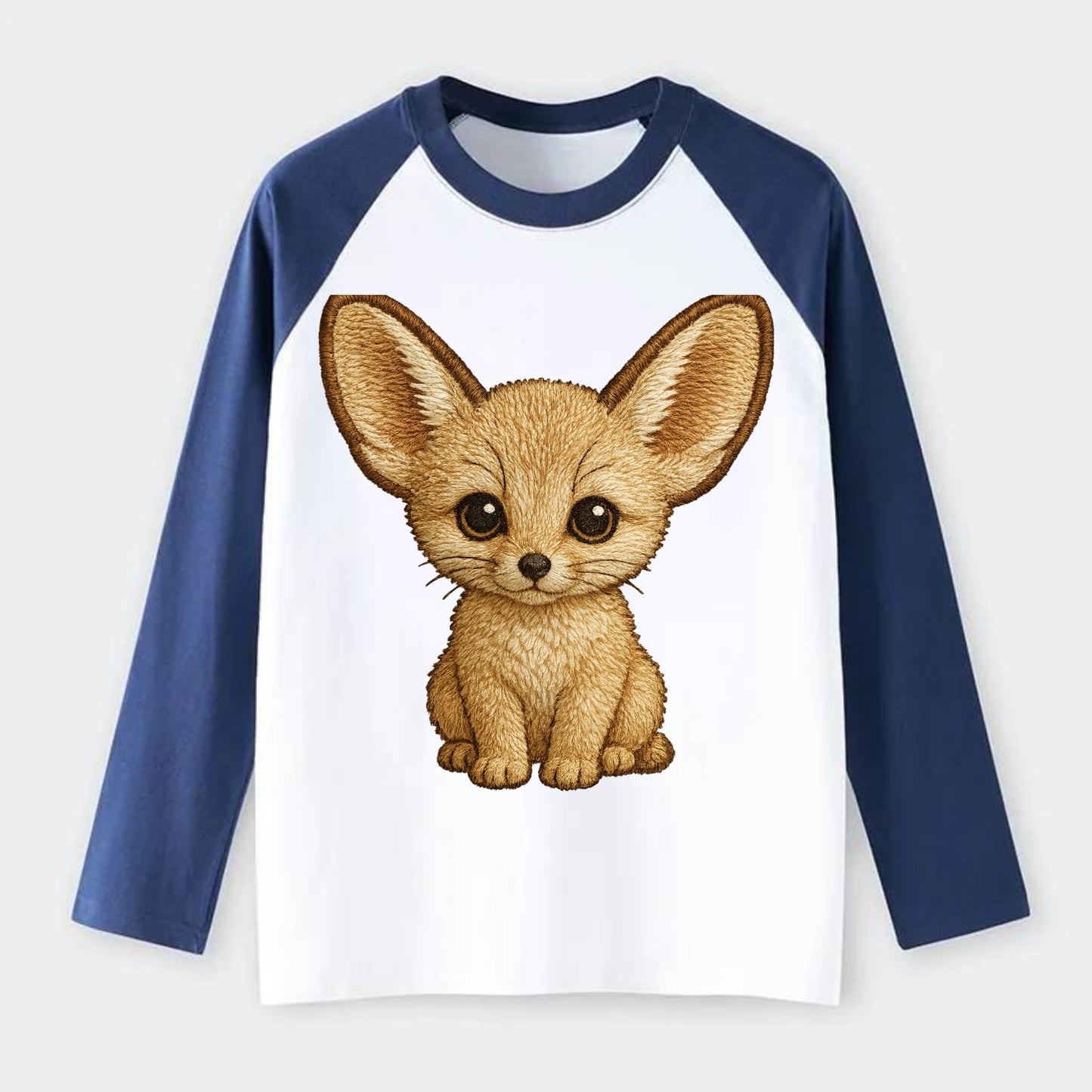 Baby Fennec Fox - huge ears, cream fur, large dark eyes, front-facing, - Raglan Long Sleeve T-Shirt - Blue