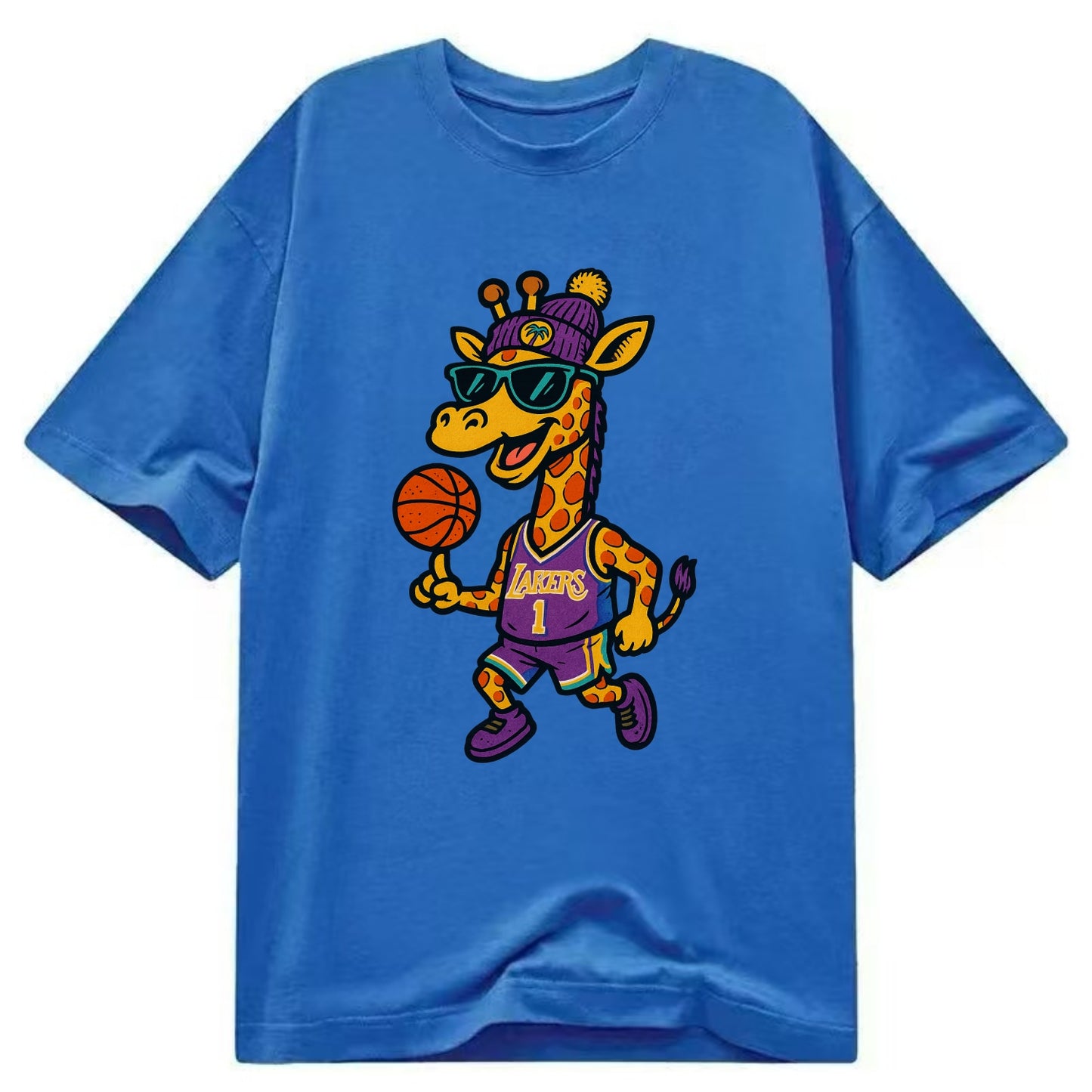 California Giraffe wearing Lakers beanie with palm tree patch and wayfarer - Classic T-shirt - Blue