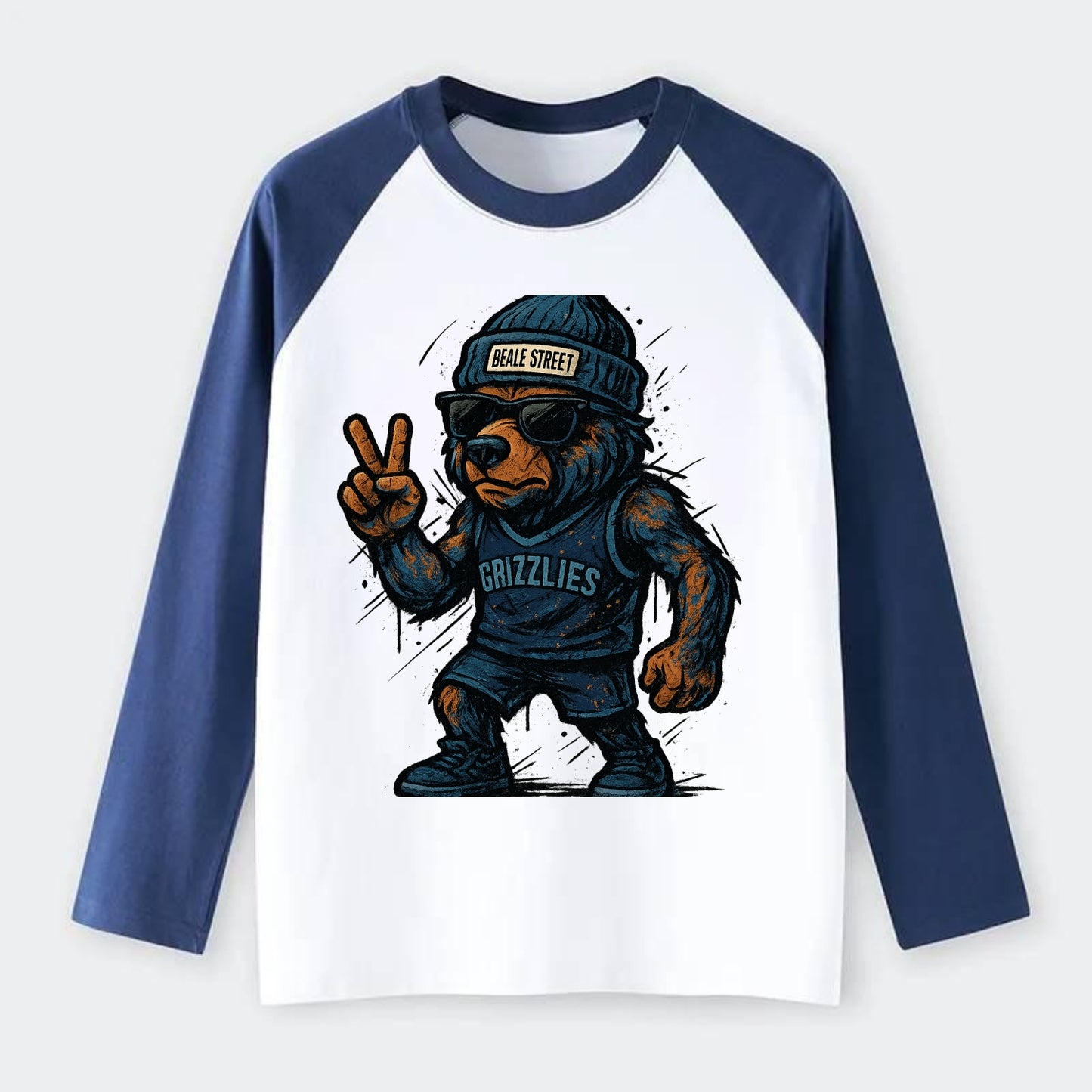 Memphis Grizzly Bear wearing Grizzlies navy and light blue beanie with - Raglan Long Sleeve T-Shirt - Blue