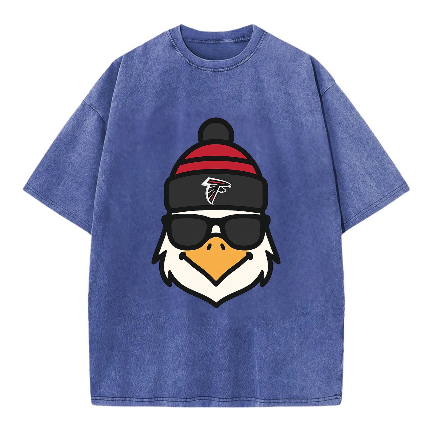 Atlanta Falcon wearing Falcons red and black beanie with pom pom and wayfarer - Vintage T-shirt - Blue