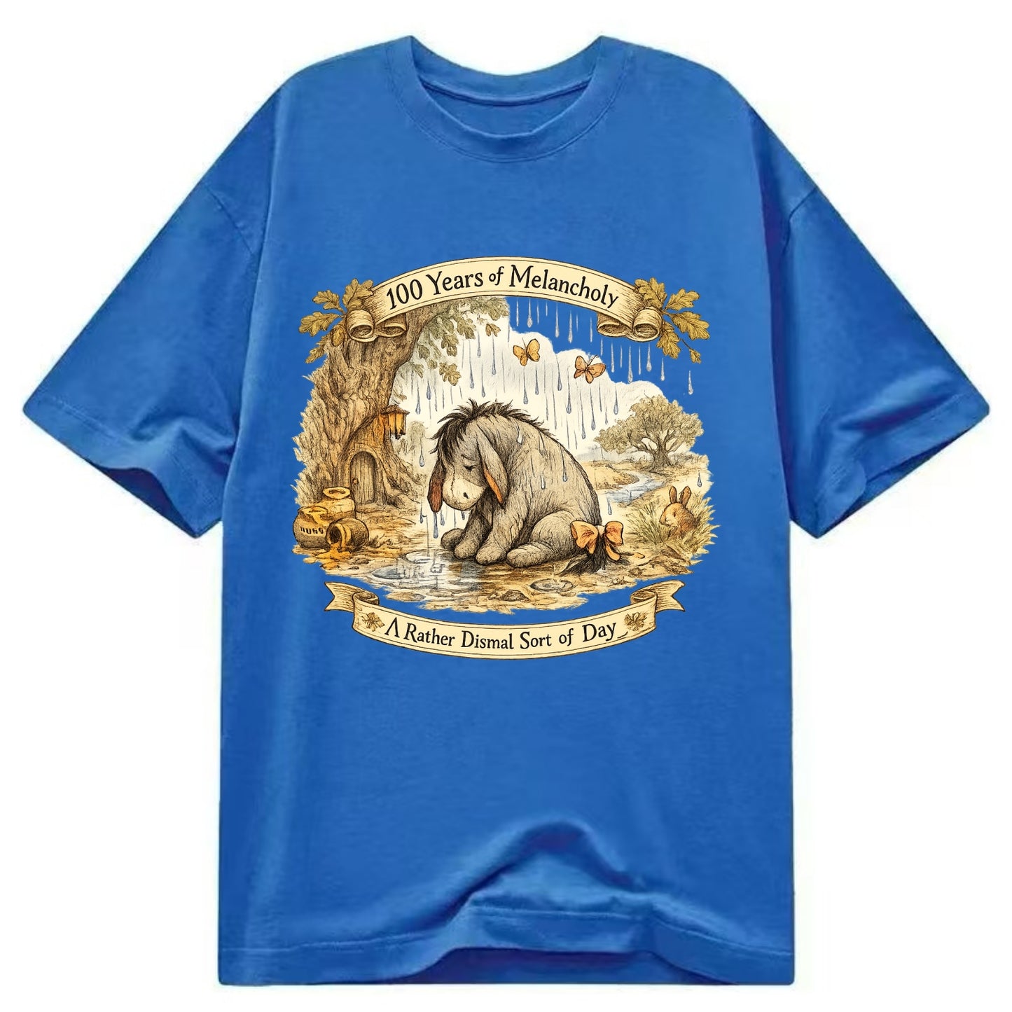 GLOOMY GLEN | Droopy figure in rain | Tattered tail bow | Pessimistic poetry | - Classic T-shirt - Blue