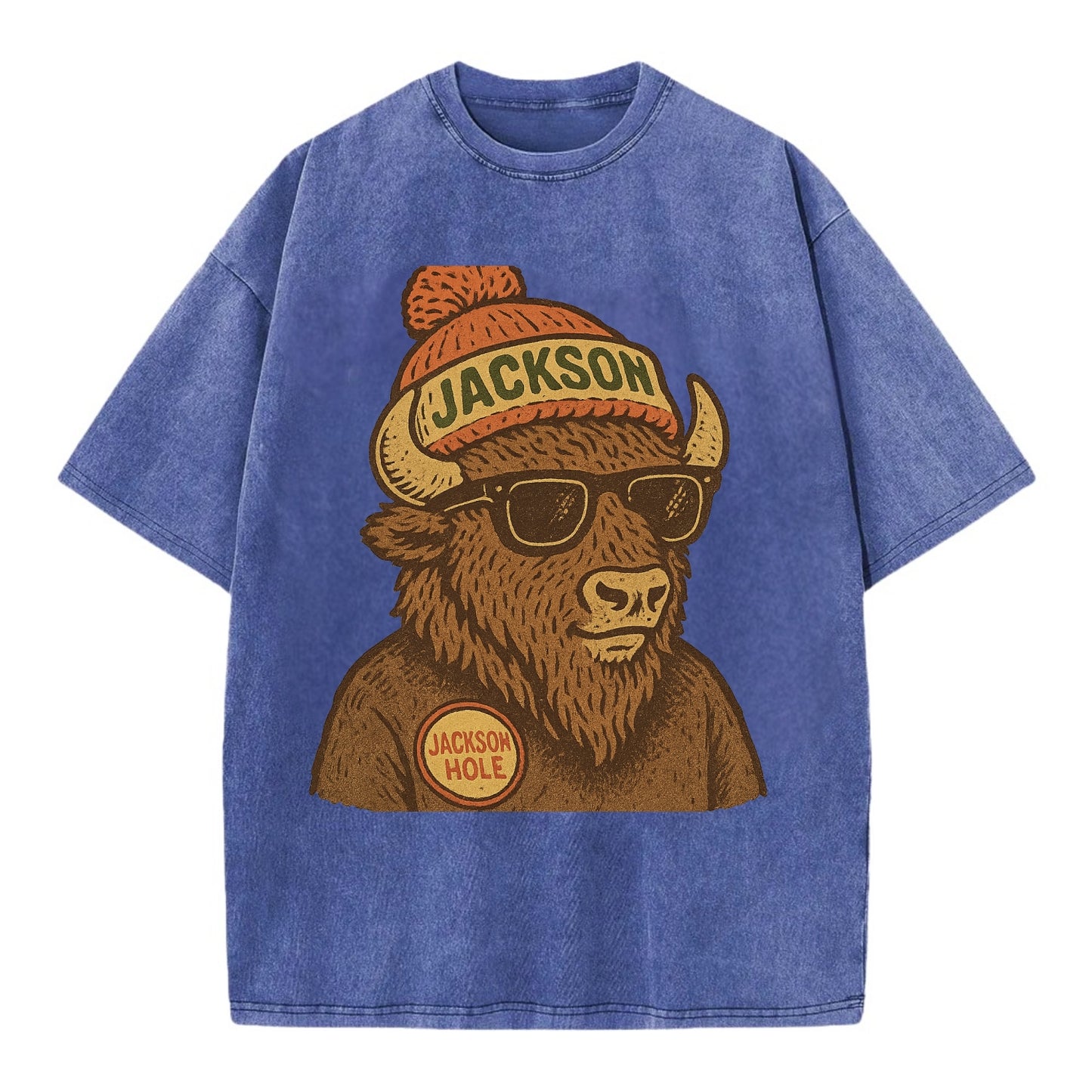 Jackson Hole Bison wearing Jackson beanie with pom pom and wayfarer sunglasses - Vintage T-shirt - Blue