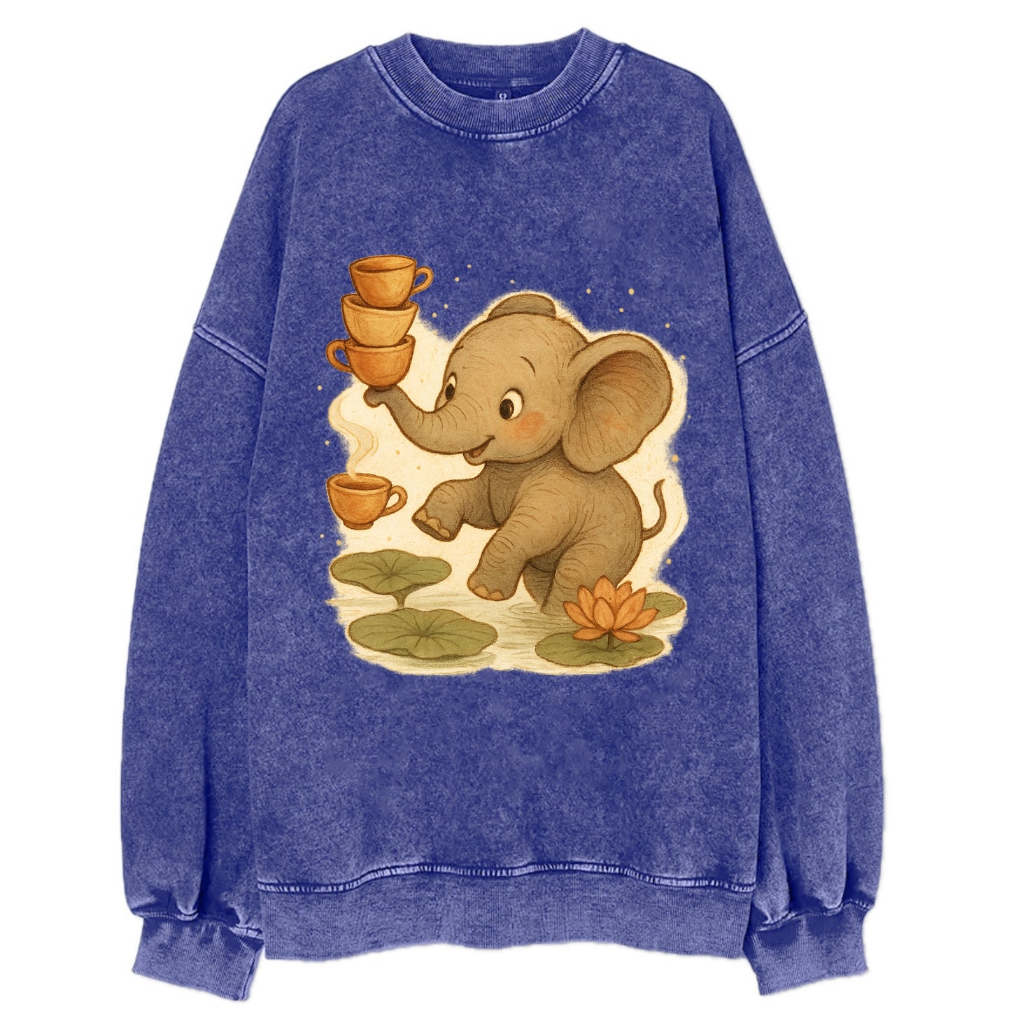Elephant balancing teacups during a floating tea ceremony beside lotus ponds - Vintage Sweatshirt - Blue