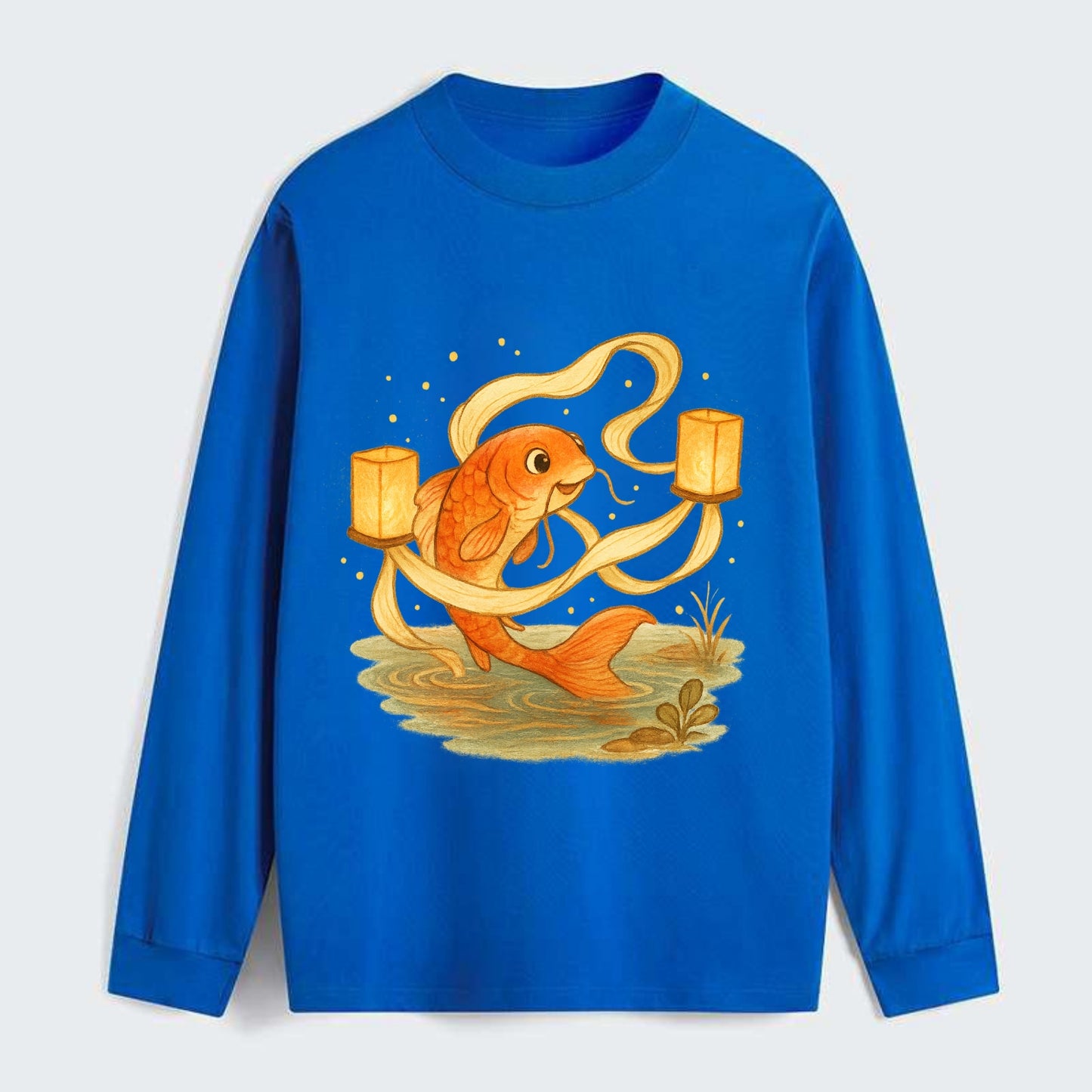 Koi weaving silk streamers through floating lanterns on tranquil water - Classic Long Sleeve Shirt - Blue