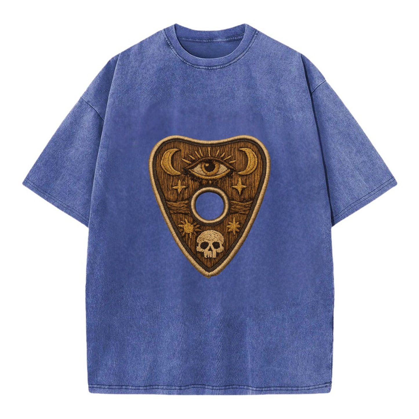 OUIJA PLANCHETTE - spirit board pointer in wood and gold , seance - Vintage T-shirt - Blue