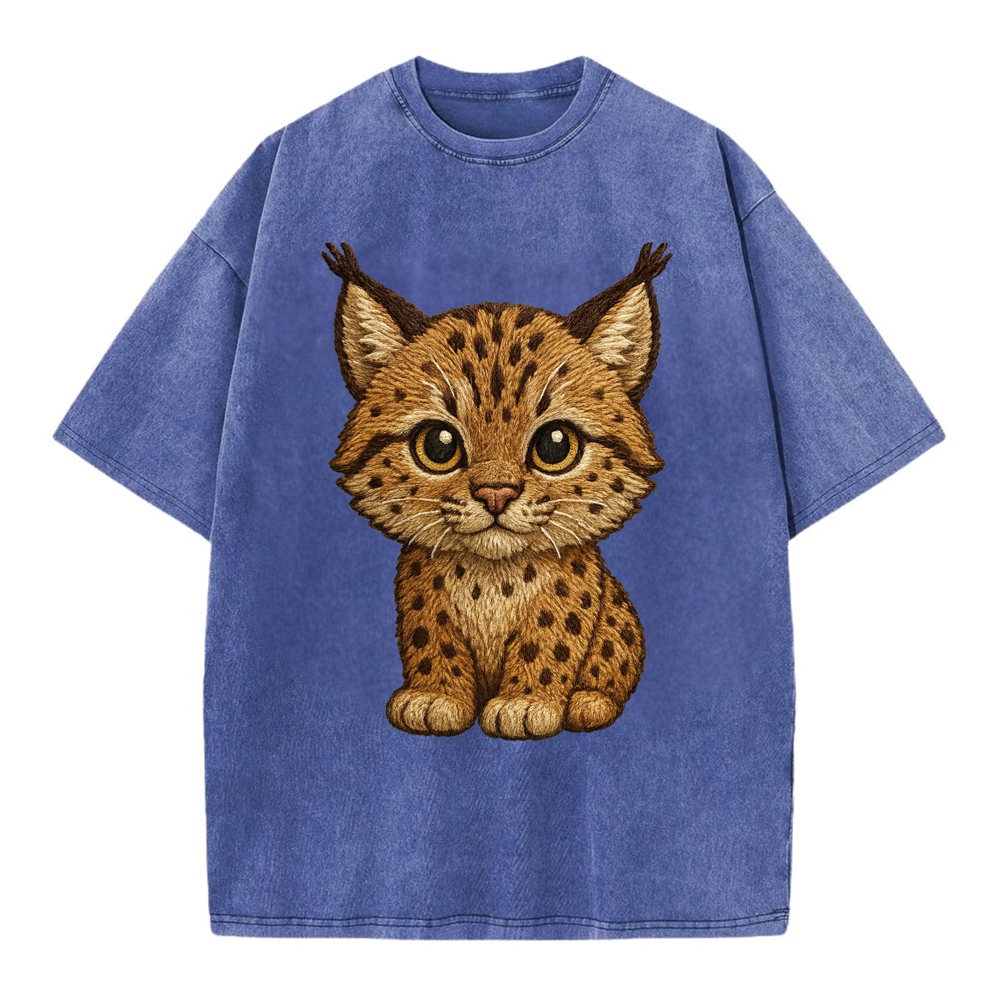Baby Lynx Cub - tufted ears, spotted fur, golden eyes, front-facing, wild baby - Vintage T-shirt - Blue