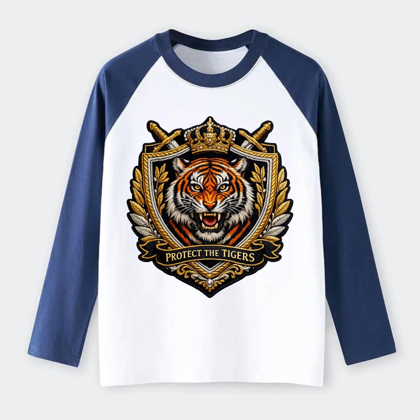 PROTECT THE TIGERS - tiger with shield in orange , big cat conservation - Raglan Long Sleeve T-Shirt - Blue