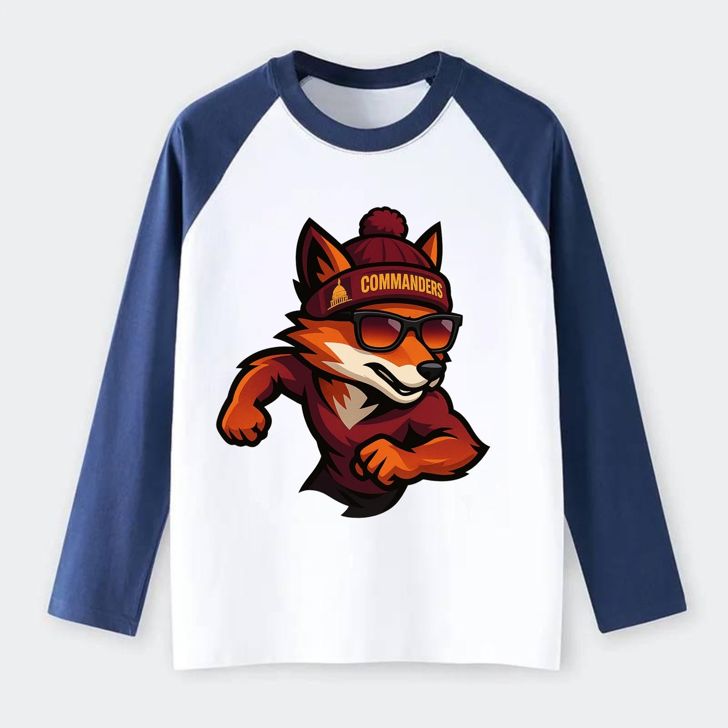 Washington Fox wearing Commanders beanie with Capitol patch and - Raglan Long Sleeve T-Shirt - Blue