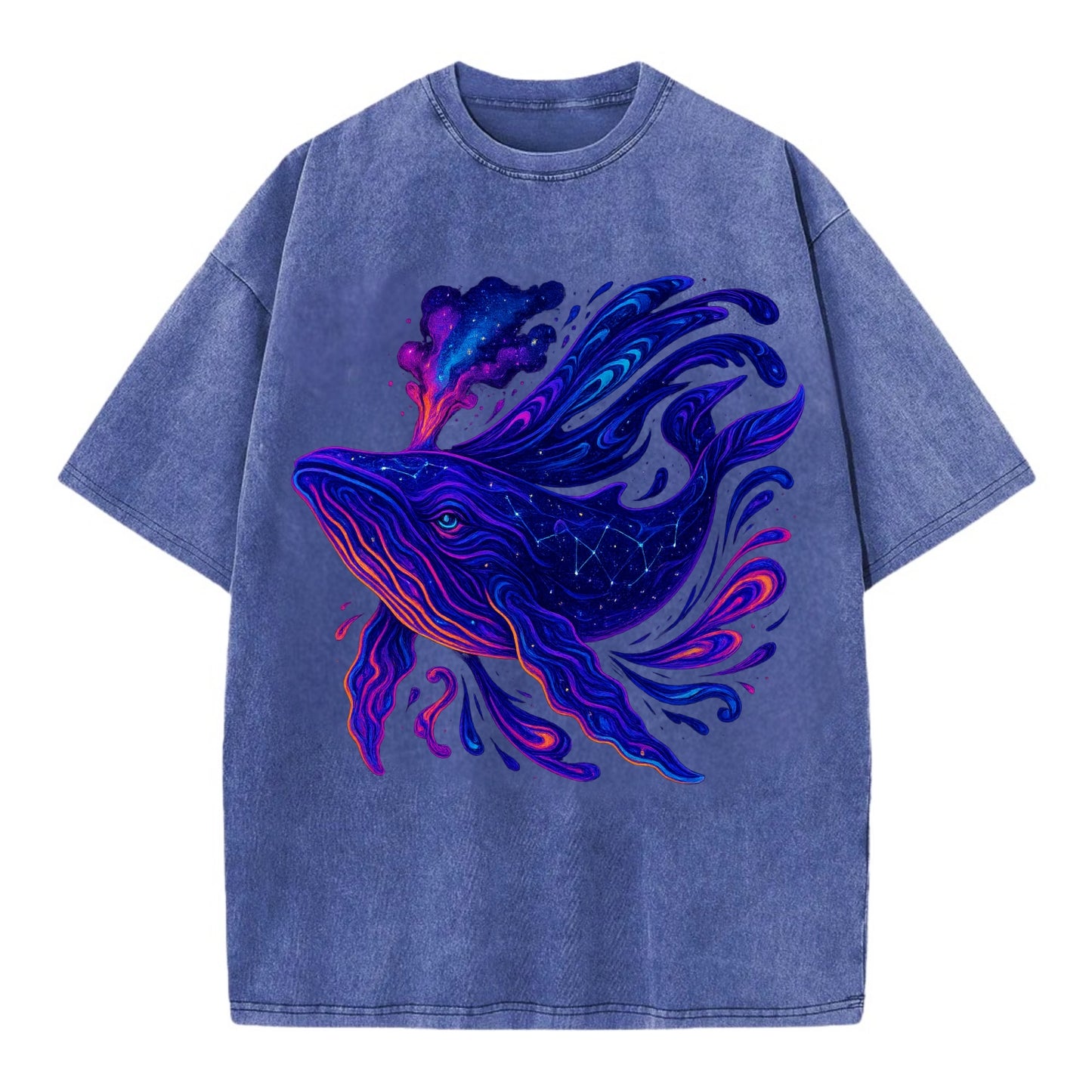 Majestic whale with body composed of galaxy clusters, stellar fins flowing like - Vintage T-shirt - Blue