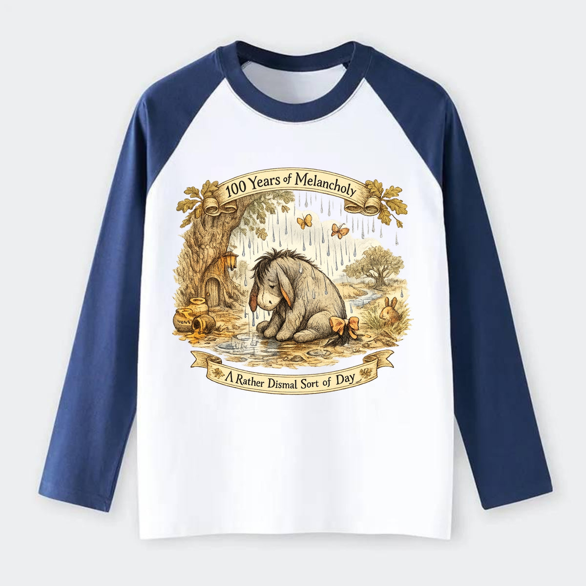 GLOOMY GLEN | Droopy figure in rain | Tattered tail bow | Pessimistic - Raglan Long Sleeve T-Shirt - Blue