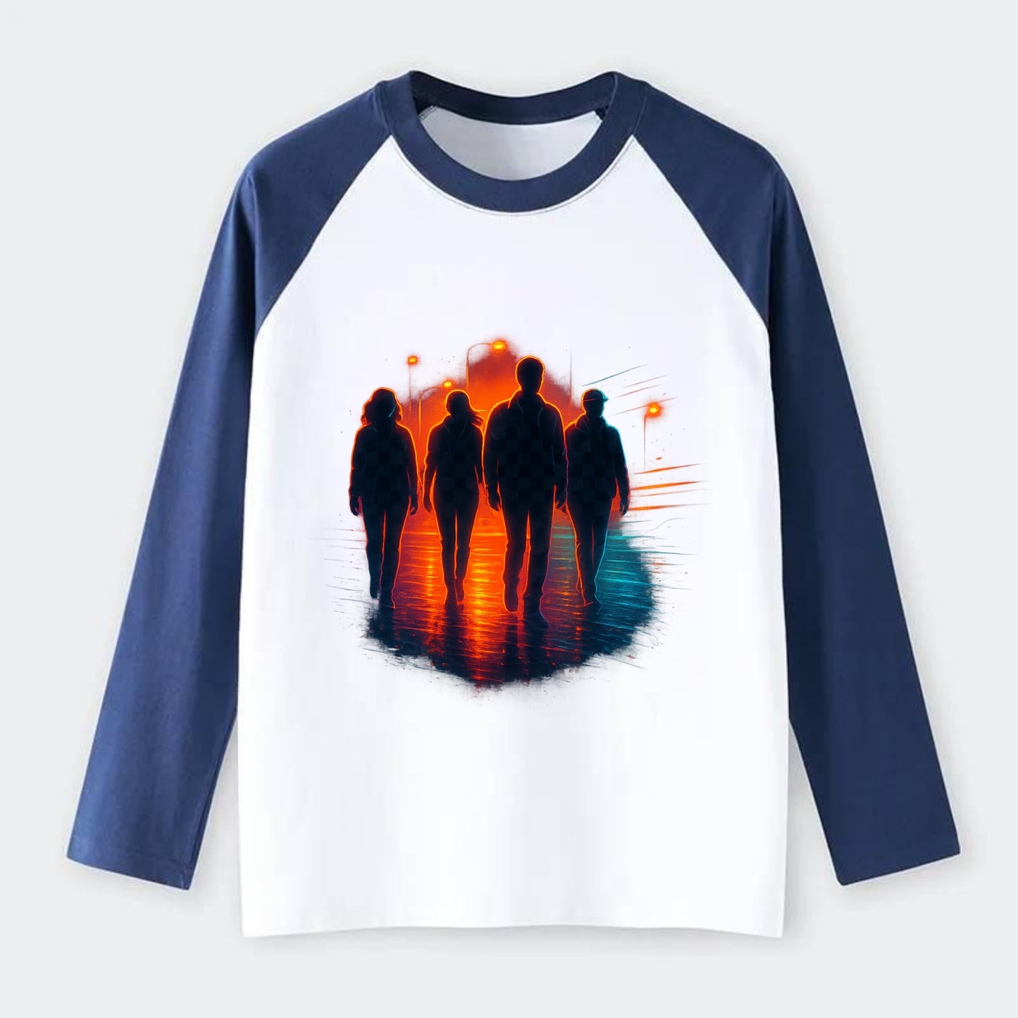 gang of silhouettes walking together at sunset by the beach - Raglan Long Sleeve T-Shirt - Blue