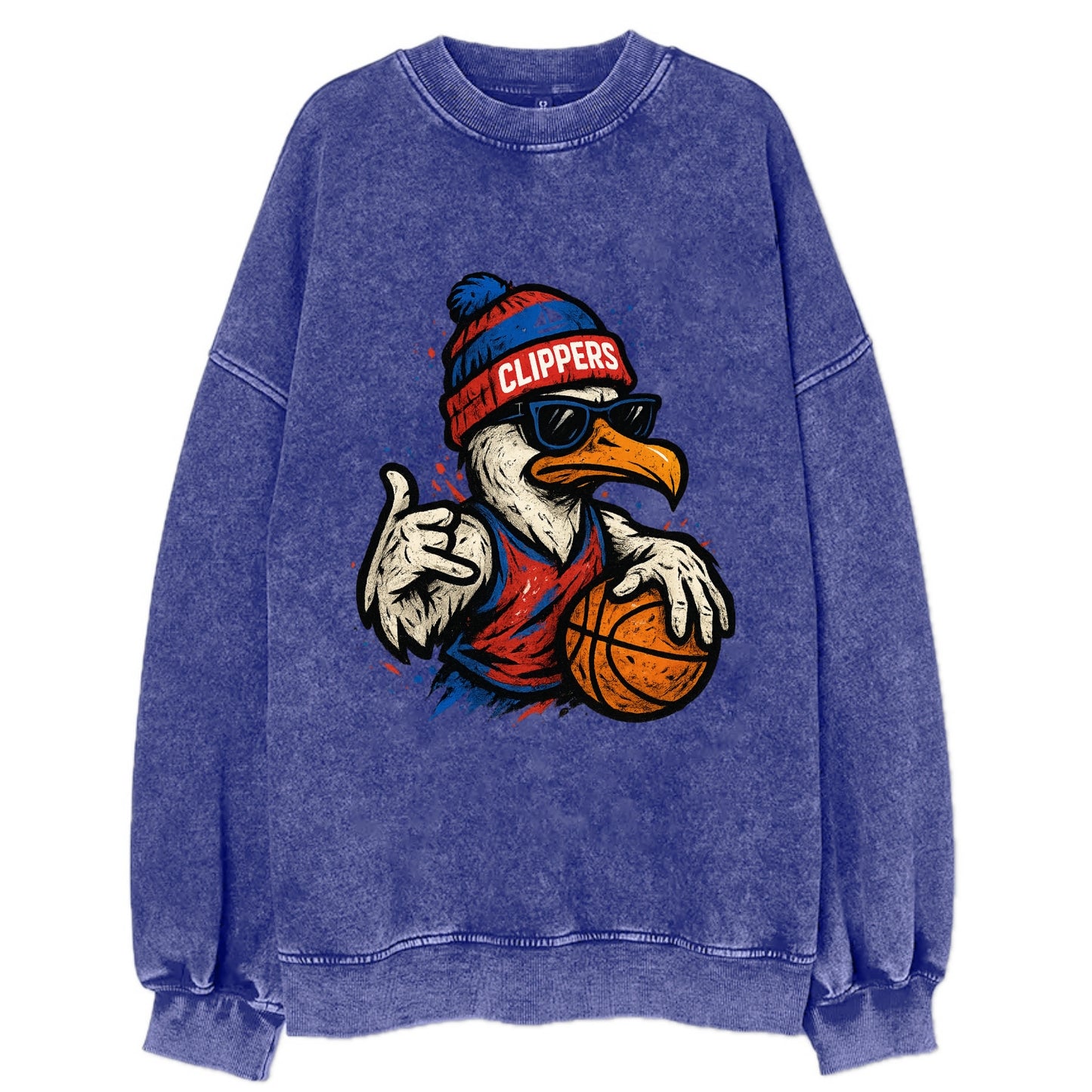 LA Seagull wearing Clippers red white and blue beanie with ship patch and - Vintage Sweatshirt - Blue