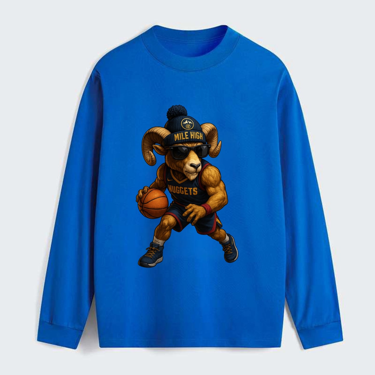 Mile High Bighorn wearing Nuggets beanie with mountain patch and - Classic Long Sleeve Shirt - Blue