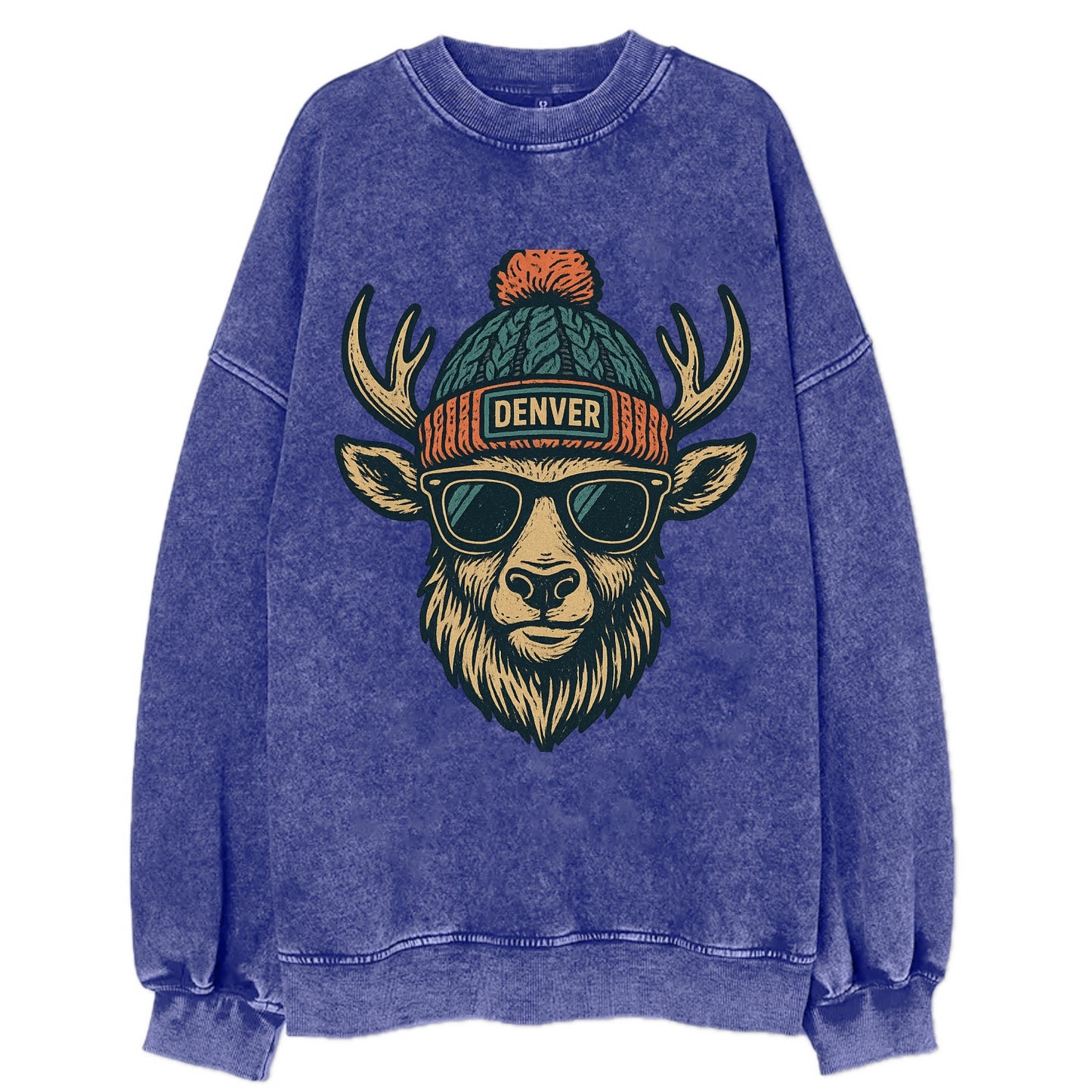 Denver Elk wearing Denver beanie with pom pom and wayfarer sunglasses - Vintage Sweatshirt - Blue