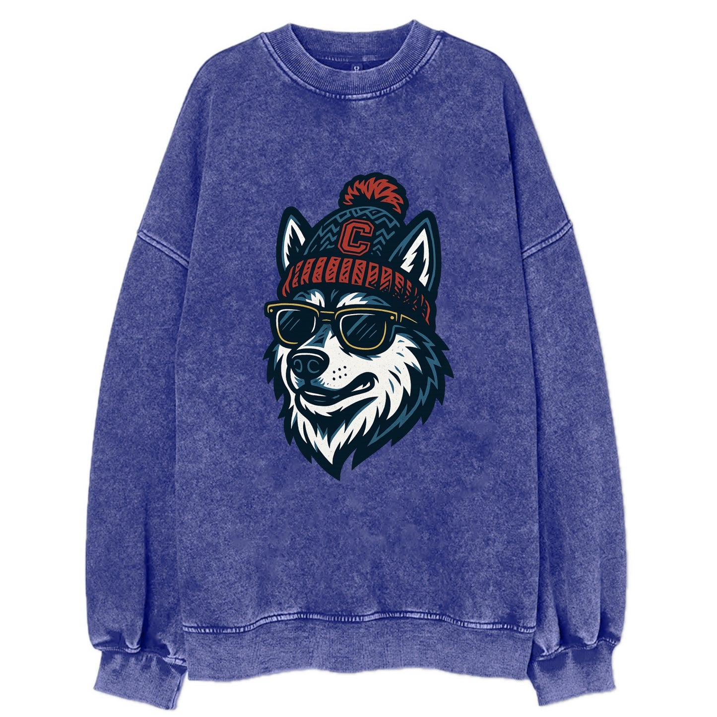 Storrs Husky wearing UConn beanie with C patch - Vintage Sweatshirt - Blue