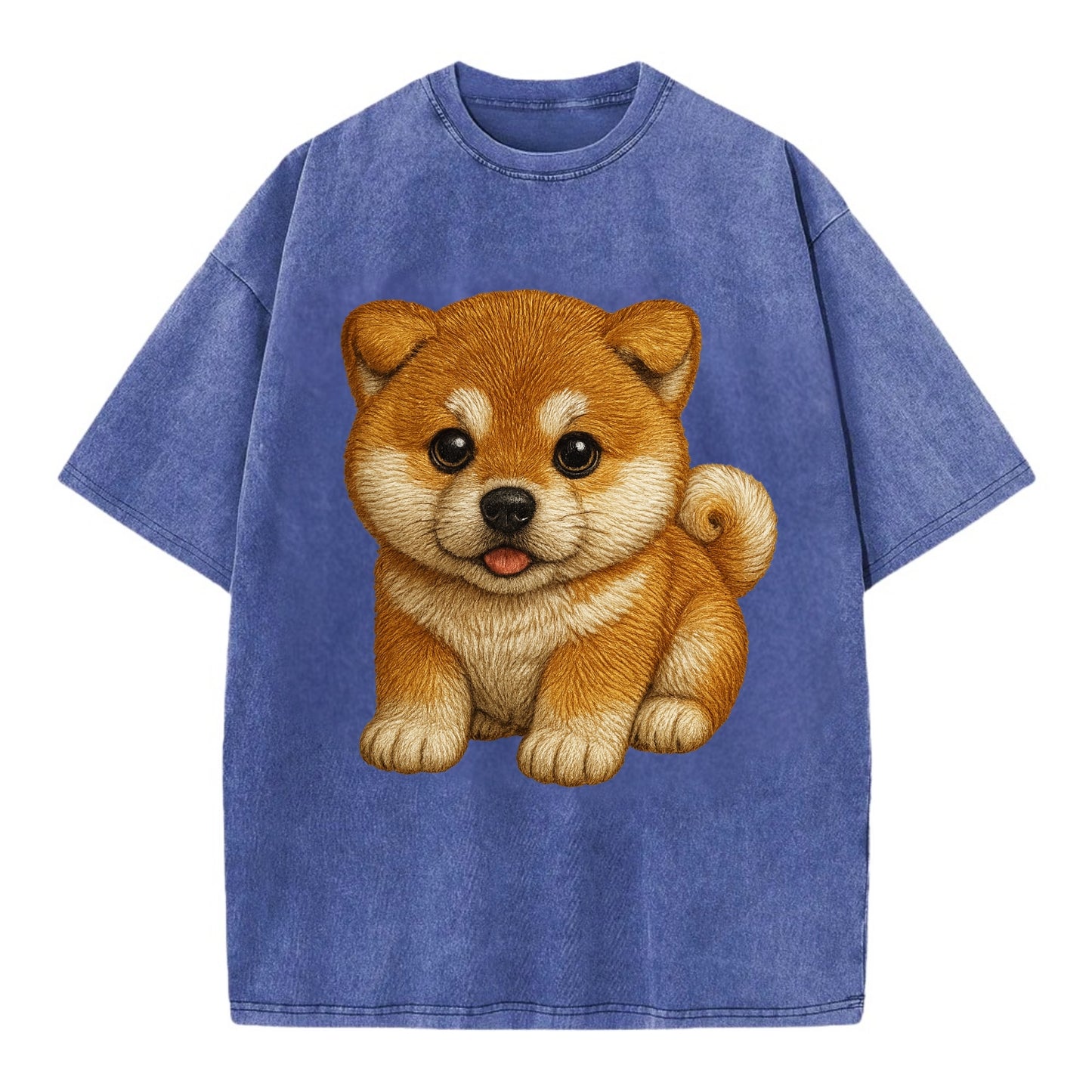 Baby Akita Puppy - fluffy bear-like, curled tail, dignified eyes, front-facing, - Vintage T-shirt - Blue